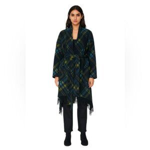 Samuel Dong Wool Check Fringe Wrap Coat Shawl Pockets Tartan Poncho Oversized L